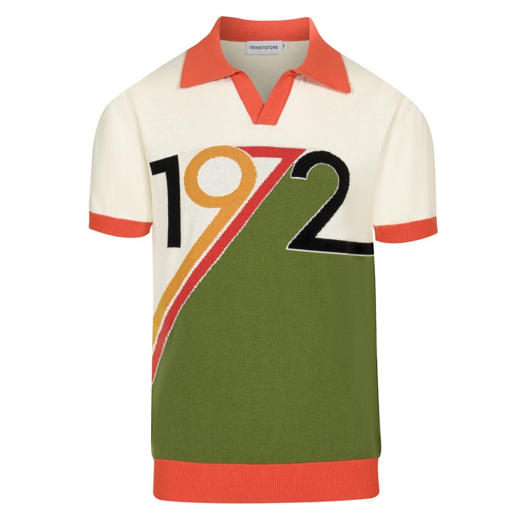 Polo Tricoté Rétro 1972 pour Hommes – Haut Graphique Vintage en Crème, Olive & Orange
