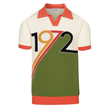 Polo Tricoté Rétro 1972 pour Hommes – Haut Graphique Vintage en Crème, Olive & Orange