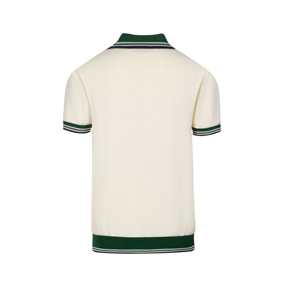 Polo Tricot Vintage pour Hommes des Années 1970 – Crème Rétro avec Col et Bordures Rayées Vertes