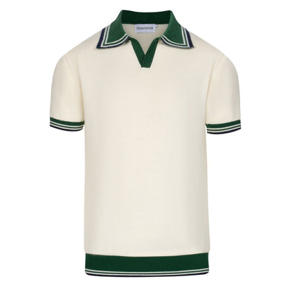 Polo Tricot Vintage pour Hommes des Années 1970 – Crème Rétro avec Col et Bordures Rayées Vertes