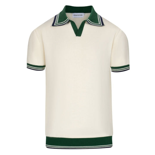 Polo Tricot Vintage pour Hommes des Années 1970 – Crème Rétro avec Col et Bordures Rayées Vertes