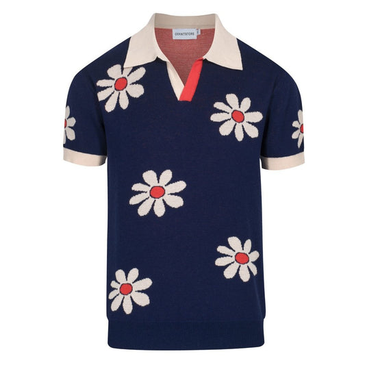 Polo Tricot Retro Années 1970 pour Homme – Marine Vintage avec Motif Marguerite