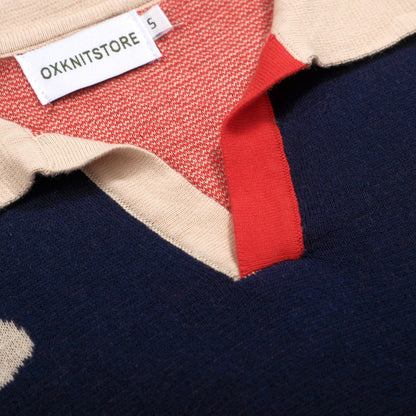 Polo Tricot Retro Années 1970 pour Homme – Marine Vintage avec Motif Marguerite