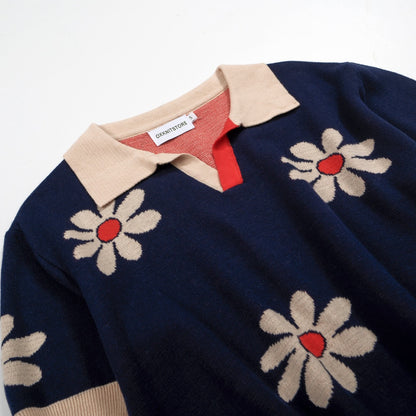 Polo Tricot Retro Années 1970 pour Homme – Marine Vintage avec Motif Marguerite