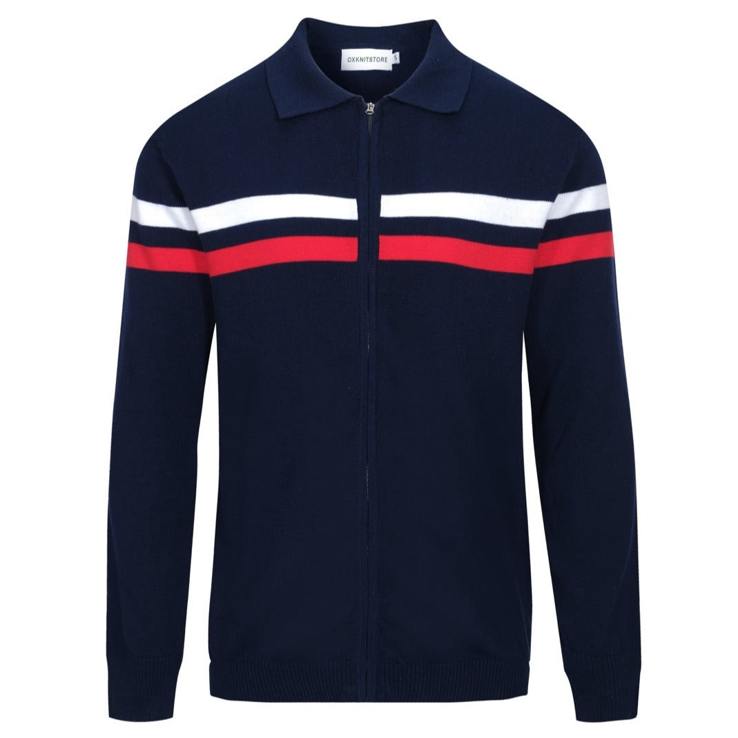 Veste tricotée zippée rétro pour hommes des années 1970 – Marine vintage avec rayures rouges et blanches