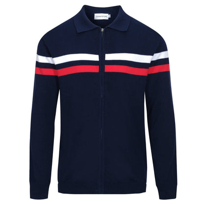 Veste tricotée zippée rétro pour hommes des années 1970 – Marine vintage avec rayures rouges et blanches