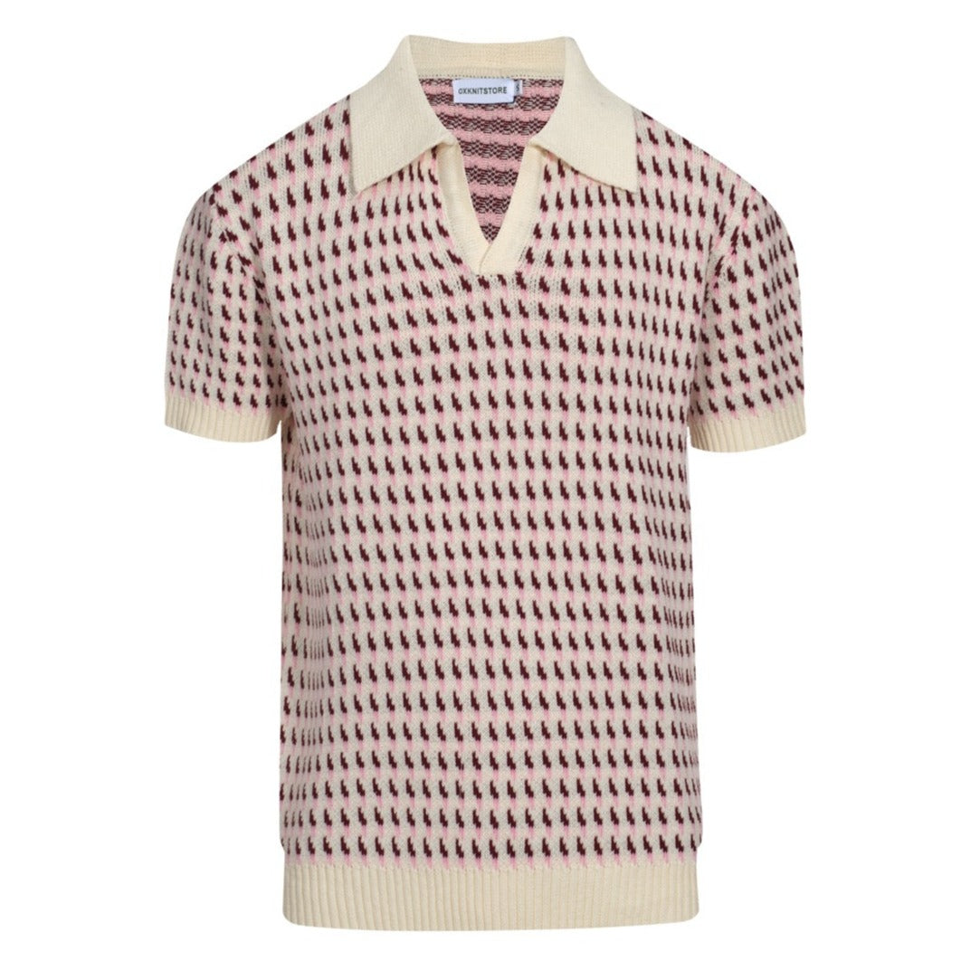 Polo en Tricot Crème pour Hommes des Années 60 – Motif Micro Bourgogne Style Rétro