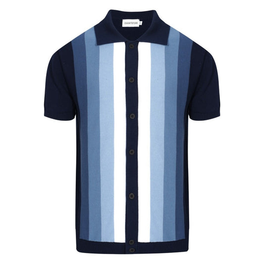 Chemise Tricotée à Rayures Verticales pour Hommes des Années 60 – Polo Boutonné Bleu Marine et Bleu Ciel