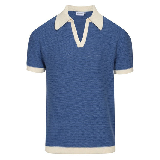 Polo en Tricot pour Hommes des Années 70 – Col Large Rétro à Manches Courtes en Bleu Marine