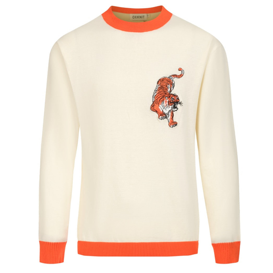 Pull en tricot pour hommes – Animaux brodés avec bord orange