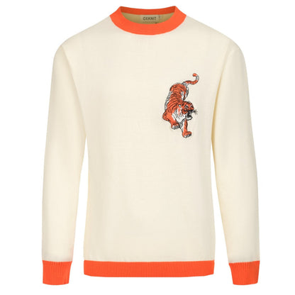 Pull en tricot pour hommes – Animaux brodés avec bord orange