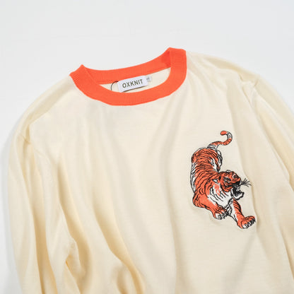 Pull en tricot pour hommes – Animaux brodés avec bord orange
