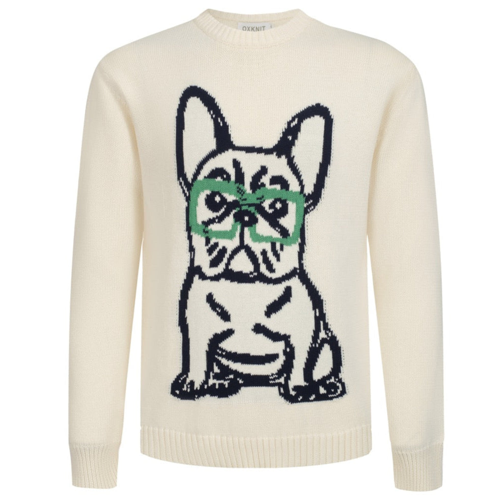 Pull en Tricot Rétro pour Hommes – Pull Crème Vintage avec Graphique de Bouledogue Français et Lunettes