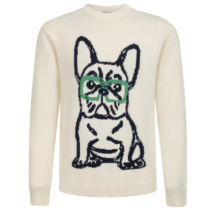 Pull en Tricot Rétro pour Hommes – Pull Crème Vintage avec Graphique de Bouledogue Français et Lunettes