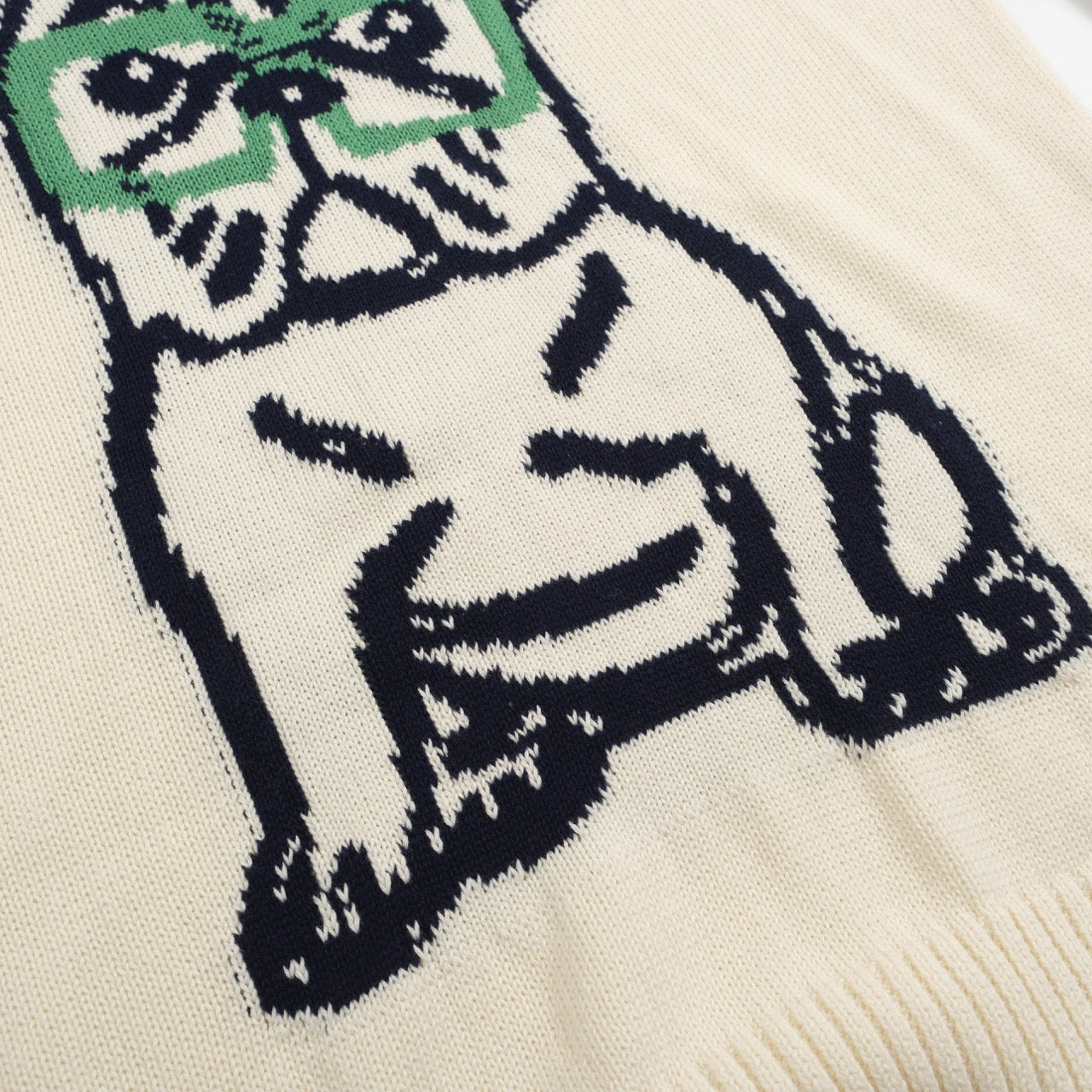 Pull en Tricot Rétro pour Hommes – Pull Crème Vintage avec Graphique de Bouledogue Français et Lunettes