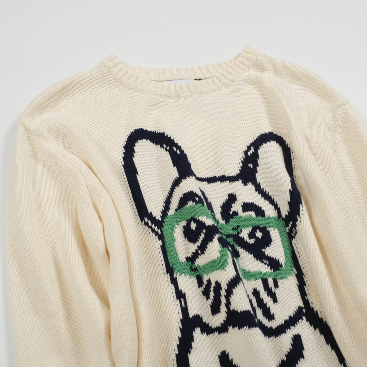 Pull en Tricot Rétro pour Hommes – Pull Crème Vintage avec Graphique de Bouledogue Français et Lunettes