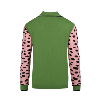 Pull en Tricot Rétro pour Hommes – Pull Vert Vintage avec Manches Graphiques de Guépard Rose
