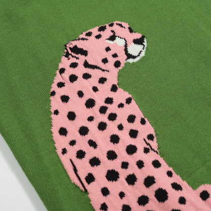 Pull en Tricot Rétro pour Hommes – Pull Vert Vintage avec Manches Graphiques de Guépard Rose