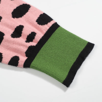 Pull en Tricot Rétro pour Hommes – Pull Vert Vintage avec Manches Graphiques de Guépard Rose