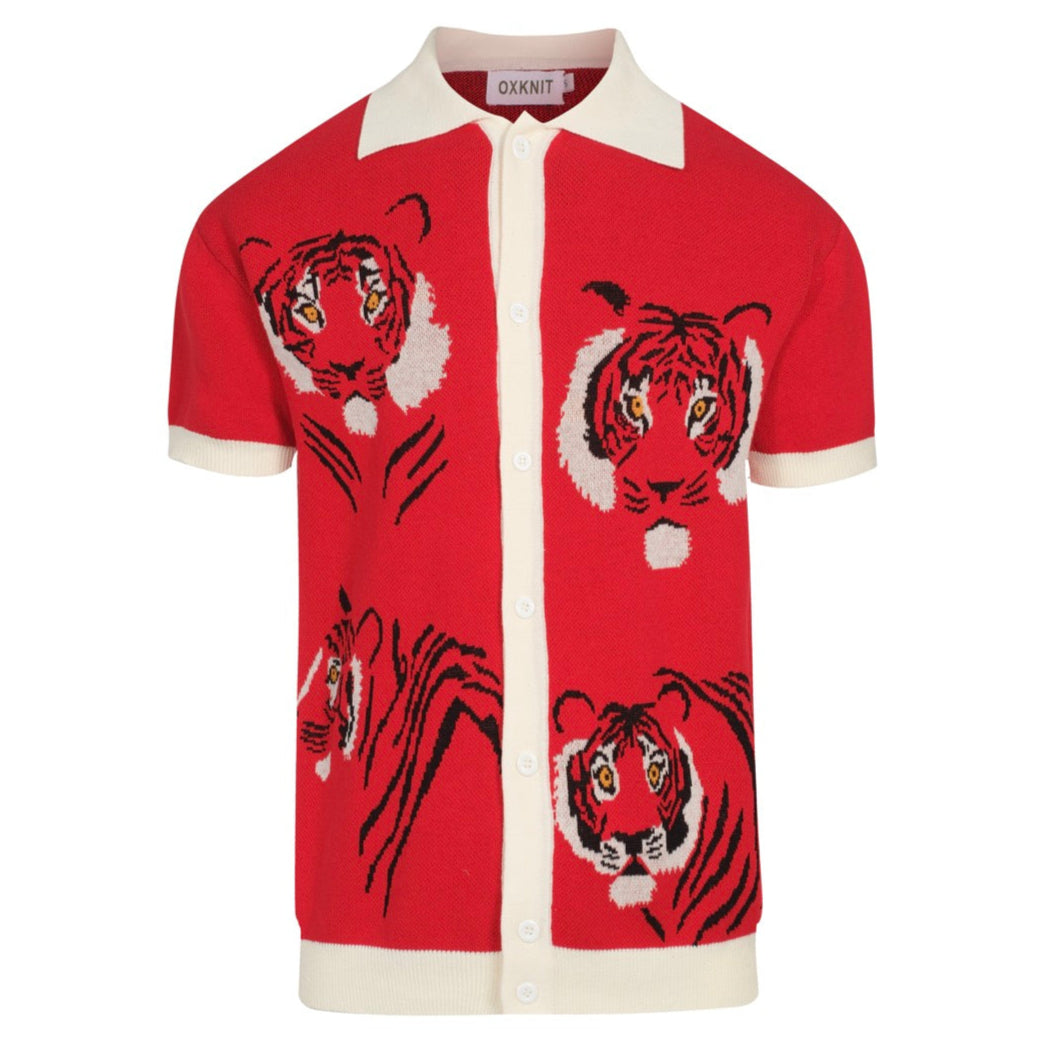 Chemise Tricotée Vintage Rouge pour Homme – Polo Boutonné avec Graphique de Tigre Rétro