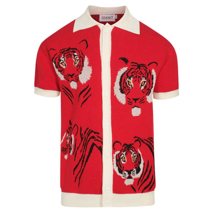 Chemise Tricotée Vintage Rouge pour Homme – Polo Boutonné avec Graphique de Tigre Rétro