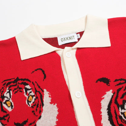 Chemise Tricotée Vintage Rouge pour Homme – Polo Boutonné avec Graphique de Tigre Rétro