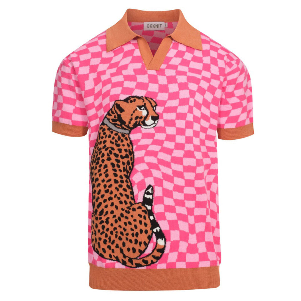 Polo Tricot Retro pour Hommes – Carreaux Roses Vintage avec Graphique Léopard