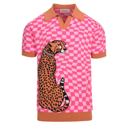 Polo Tricot Retro pour Hommes – Carreaux Roses Vintage avec Graphique Léopard