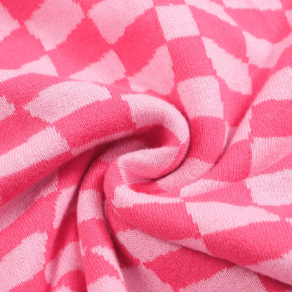 Polo Tricot Retro pour Hommes – Carreaux Roses Vintage avec Graphique Léopard