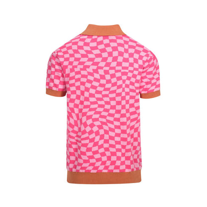 Polo Tricot Retro pour Hommes – Carreaux Roses Vintage avec Graphique Léopard