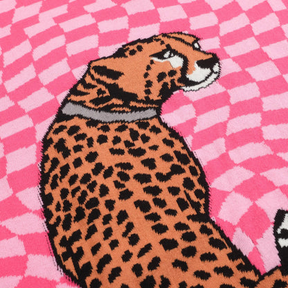 Polo Tricot Retro pour Hommes – Carreaux Roses Vintage avec Graphique Léopard