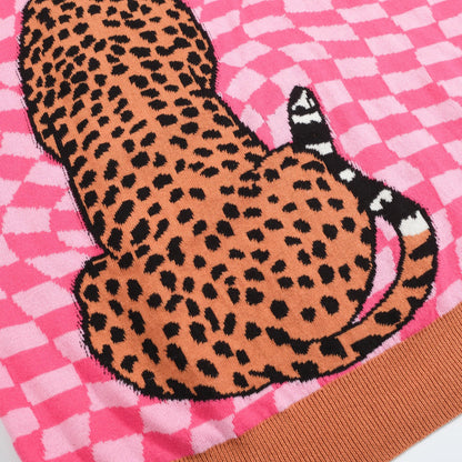 Polo Tricot Retro pour Hommes – Carreaux Roses Vintage avec Graphique Léopard