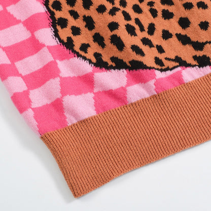 Polo Tricot Retro pour Hommes – Carreaux Roses Vintage avec Graphique Léopard