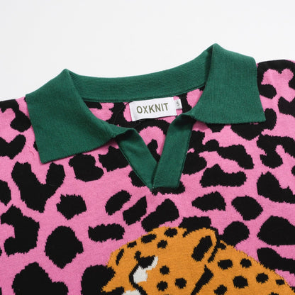 Polo Tricot Retro pour Hommes – Imprimé Léopard Rose Vintage avec Graphique de Guépard