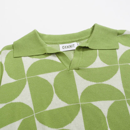 Polo Tricot Retro pour Hommes – Chemise Boutonnée Géométrique Vert Vintage
