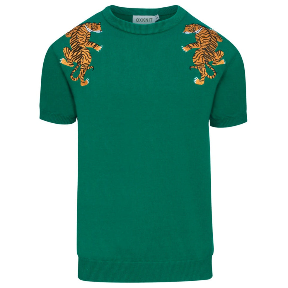 T-shirt rétro brodé d'animaux vert pour hommes