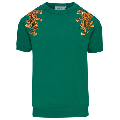 T-shirt rétro brodé d'animaux vert pour hommes