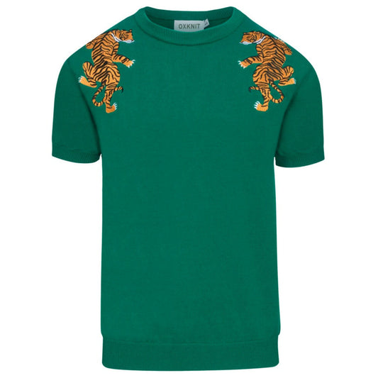 T-shirt rétro brodé d'animaux vert pour hommes
