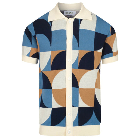 Chemise Tricotée Rétro pour Hommes – Polo Boutonné Géométrique Bleu Vintage
