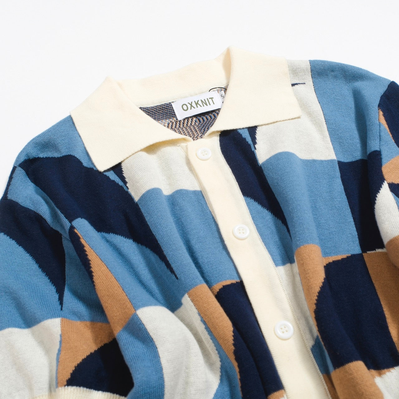 Chemise Tricotée Rétro pour Hommes – Polo Boutonné Géométrique Bleu Vintage