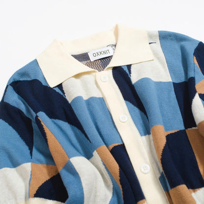 Chemise Tricotée Rétro pour Hommes – Polo Boutonné Géométrique Bleu Vintage