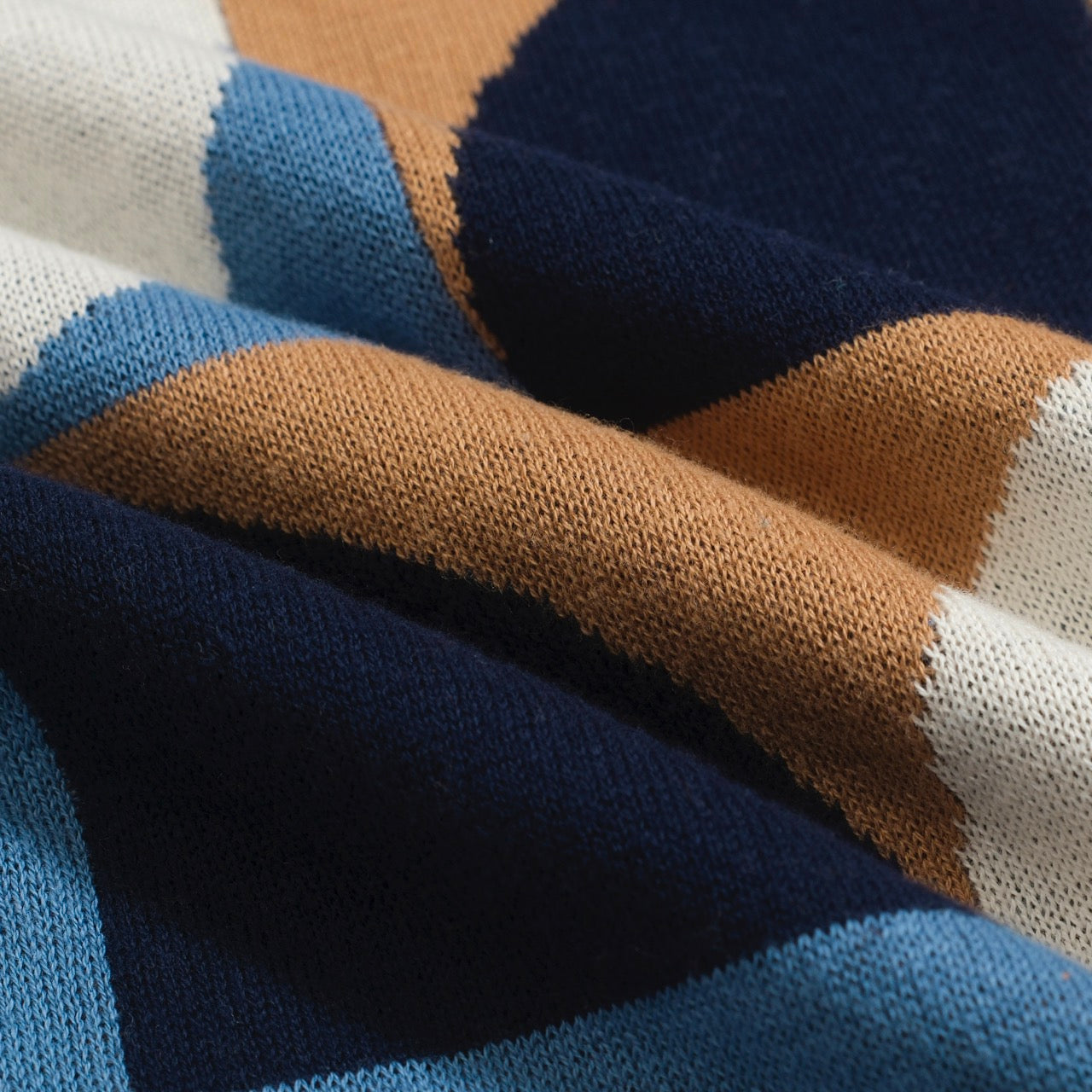 Chemise Tricotée Rétro pour Hommes – Polo Boutonné Géométrique Bleu Vintage