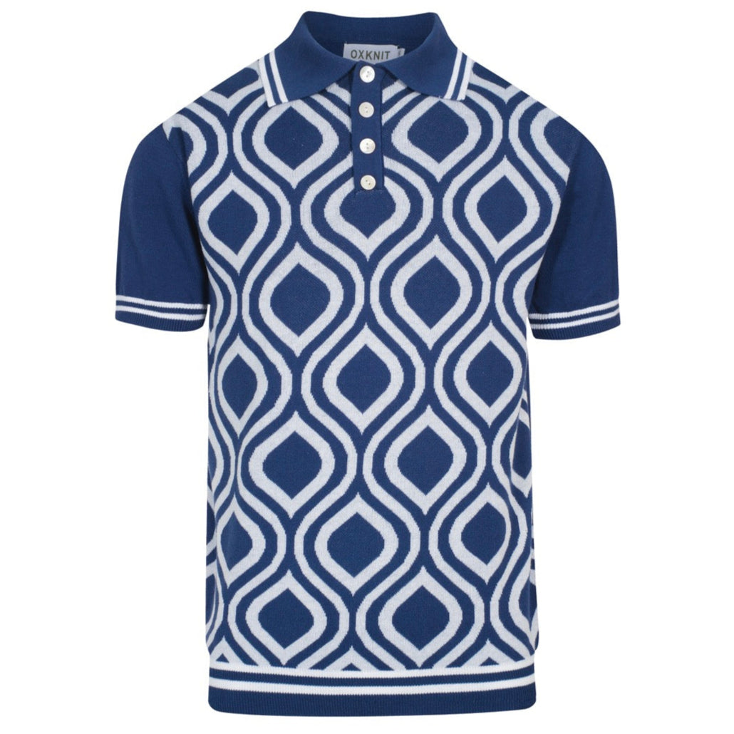 Polo Tricoté Rétro pour Hommes – Bleu Vintage & Blanc Géométrique Boutonné
