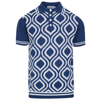 Polo Tricoté Rétro pour Hommes – Bleu Vintage & Blanc Géométrique Boutonné