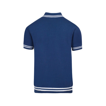 Polo Tricoté Rétro pour Hommes – Bleu Vintage & Blanc Géométrique Boutonné