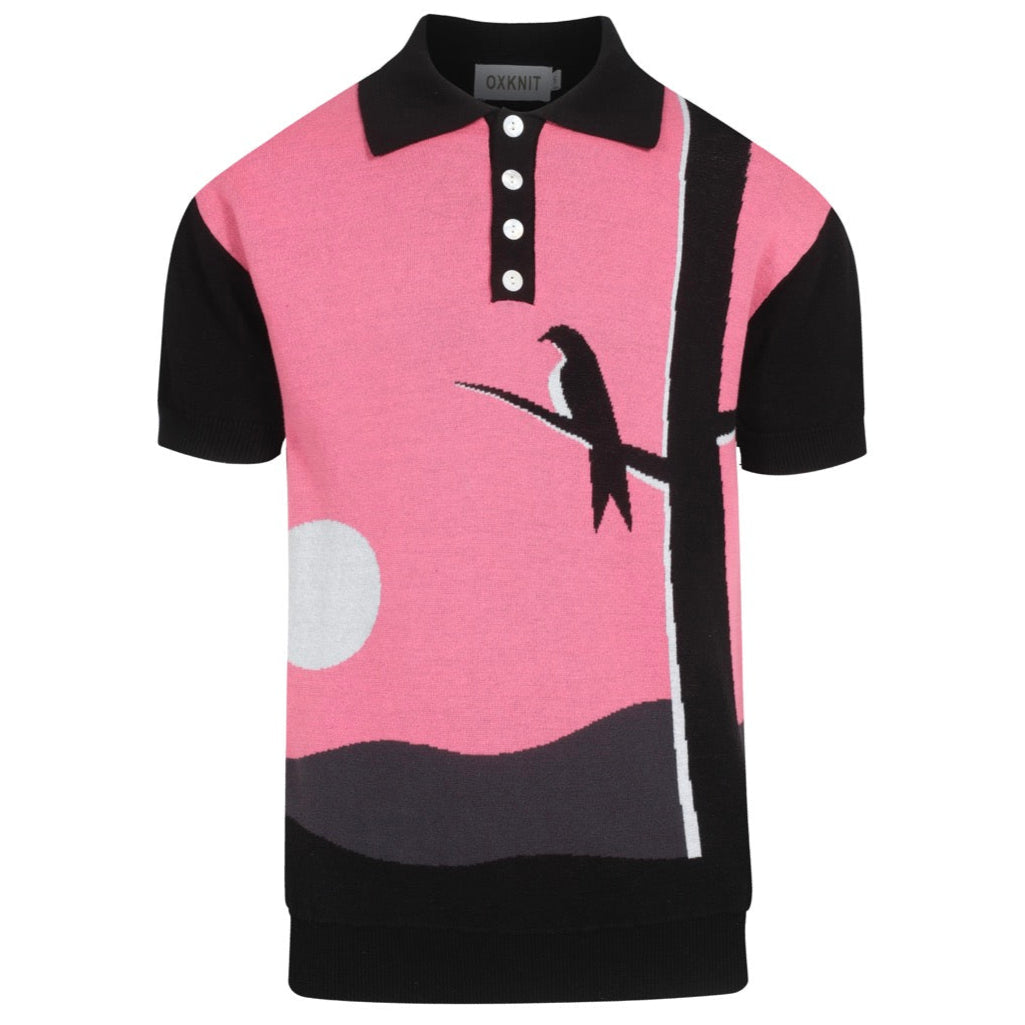 Chemise Tricotée Rétro pour Hommes – Polo Boutonné Rose Vintage avec Graphique d'Oiseau et de Coucher de Soleil