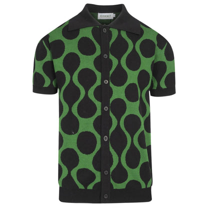 Chemise Tricotée Rétro pour Hommes – Polo Boutonné Noir & Vert Vintage avec Imprimé à Pois MOD
