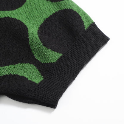 Chemise Tricotée Rétro pour Hommes – Polo Boutonné Noir & Vert Vintage avec Imprimé à Pois MOD