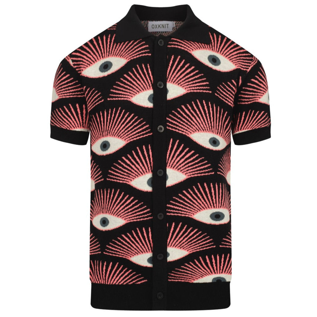 Chemise Tricotée Psychedelique pour Hommes – Chemise Noire à Boutons avec Imprimé Graphique Tout-Voyant - conçue par Carrie Cantwell