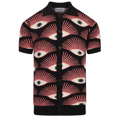 Chemise Tricotée Psychedelique pour Hommes – Chemise Noire à Boutons avec Imprimé Graphique Tout-Voyant - conçue par Carrie Cantwell